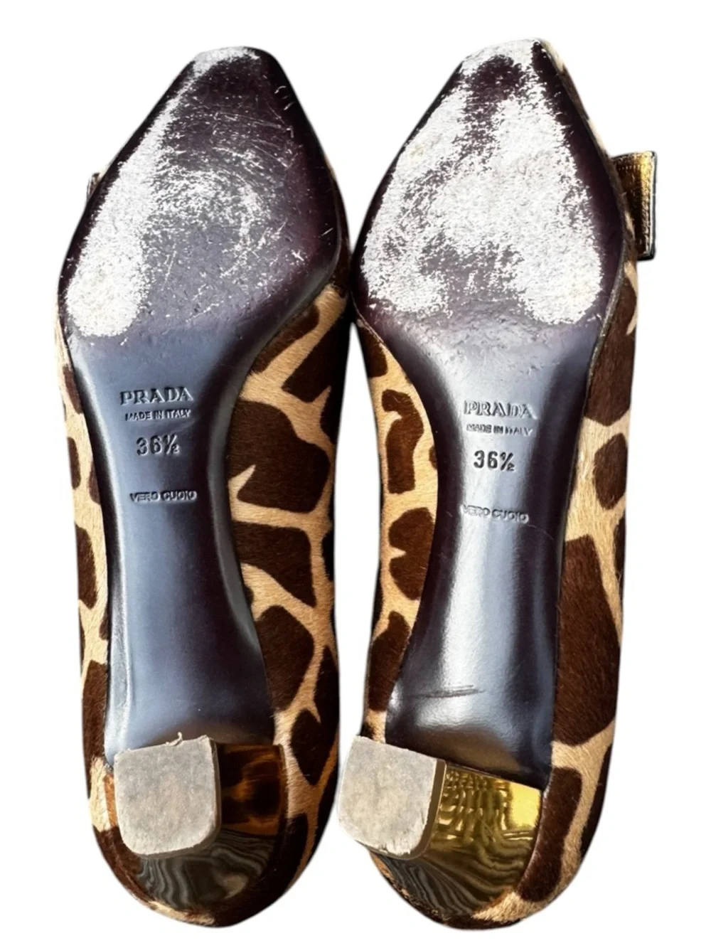 PRADA Calf Hair Giraffe Print Square Toe Kitten Heels Gold Buckle Sz 36.5 US 6.5 - Picture 7 of 15